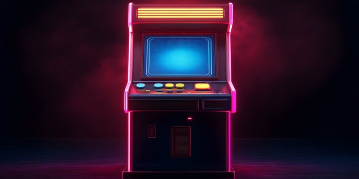Retro arcade machine illuminated by neon lights.