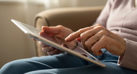 Close-up elderly woman hands using tablet, illustrating modern technology interaction in daily life