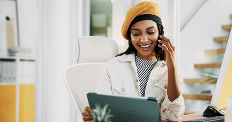Woman, phone call and smile with tablet in office for discussion, confirm schedule and reporter...