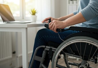 Obraz premium Close-up hands on wheelchair joystick at desk, symbolizing productivity and independence. Photorealistic image depicting disability in modern life