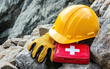 Yellow helmet, gloves, and red first aid kit resting on rocks at an outdoor construction or mining site