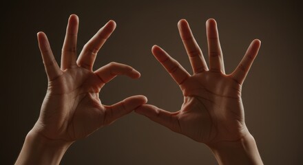 Fototapeta premium Close-up hands using sign language, illustrating expressive communication for deaf individuals. Photorealistic image depicting disability in social life