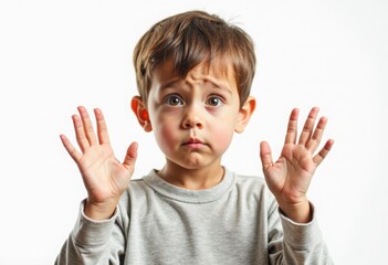 Young Boy with Brown Hair Looking Worried with Hands Up