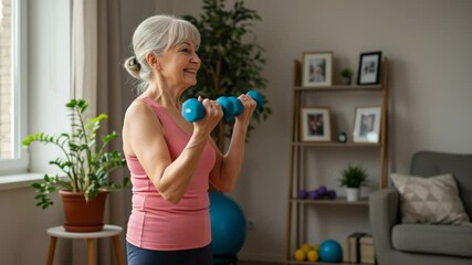 Senior woman exercising with dumbbells at home in a cheerful setting - Powered by Adobe