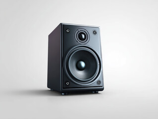 Obraz premium Black speaker with large woofer and smaller tweeter mounted on plain white background, showcasing modern audio device with sleek design and clean lines