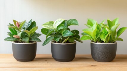 Fototapeta premium Three Hoya Plants in Dark Pots on Wooden Surface