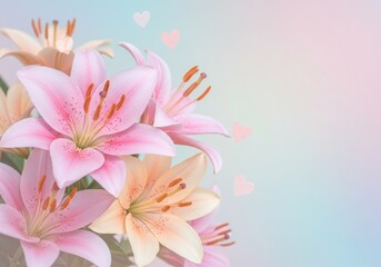 Fototapeta premium Close up of pink and peach lilies with hearts on a pastel background