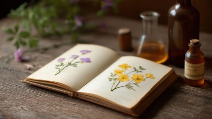 Vintage Botanical Illustration Book with Herbs and Glass Bottles in Natural Light