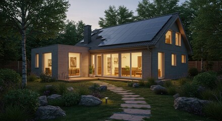 Modern house with solar panels and garden at dusk for real estate, architecture, and sustainable living
