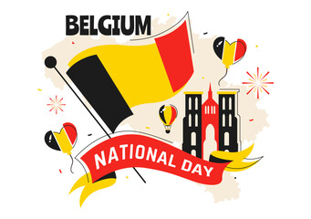 Happy Belgium Independence Day Vector Illustration on July 21, Featuring the National Celebration with a Waving Belgian Flag and Festive Ribbon