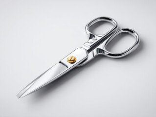 Obraz premium Pair of shiny, metallic scissors with sleek design and gold screw detail, placed on plain light background, creating modern and elegant look