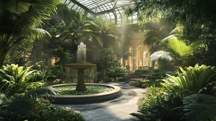 Indoor garden with a fountain surrounded by lush green plants and sunlight.