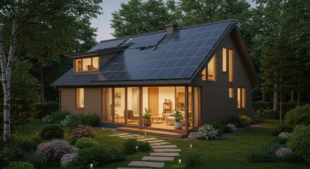 Modern house with solar panels on the roof surrounded by nature for real estate and sustainable energy
