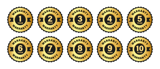 Warranty icon set. 1, 2, 3, 4, 5, 6, 7, 8, 9, 10 years warranty logo stamp. Zigzag circle premium style guarantee seal. Vector illustration