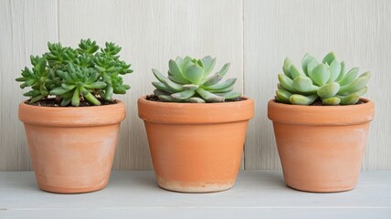 Fototapeta premium Three Small Succulents in Terracotta Pots