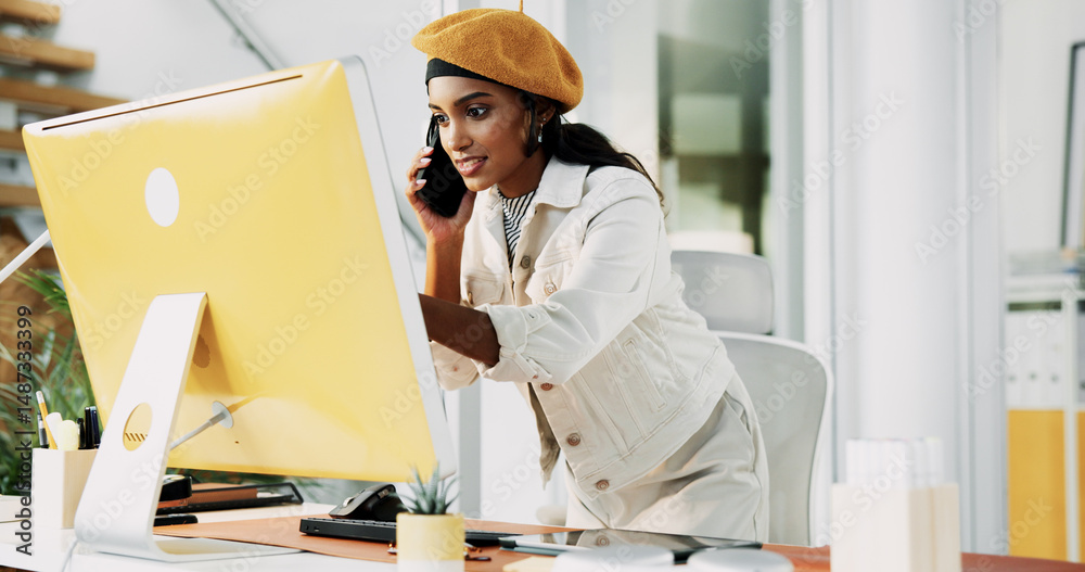 Aufkleber woman, phone call and review with computer in office for discussion, confirm schedule and reporter c