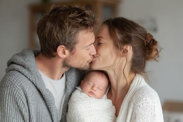 Fototapeta premium Newborn Baby Family Portrait: Parents Kissing with Sleeping Infant Wrapped in Blanket, Cozy Indoor Home, Love and Affection