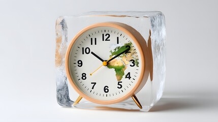 An alarm clock encased in a melting ice cube with the Earth shape inside, symbolizing the urgency of climate change and the concept of frozen time. This thought-provoking image offers ample copy