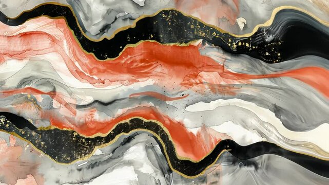 Abstract art piece featuring flowing, wavy lines of coral, gray, and black, with gold accents.  Complex layering and texture evoke a natural, stone-like aesthetic
