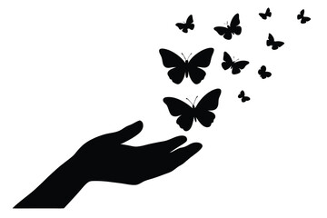 Black butterflies gracefully take flight, ascending from an outstretched hand into a bright sky