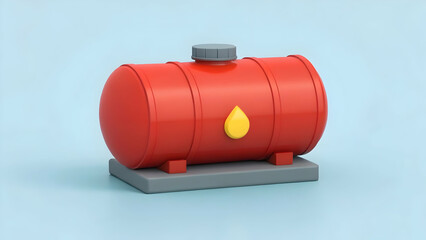 A 3D rendering of a red cylindrical fuel tank, sitting on a gray platform, with a yellow droplet icon signifying its contents.