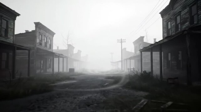 Abandoned street enveloped in dense fog with old wooden buildings  
