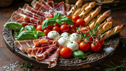 A beautifully arranged platter showcasing Italian appetizers with fresh ingredients and rustic appeal.