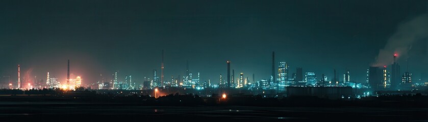 An industrial night view with factory lights illuminating the skyline