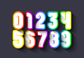 Bright numbers set, colorful numerals 0, 1, 2, 3, 4, 5, 6, 7, 8, 9 with shadow, vector illustration 10.