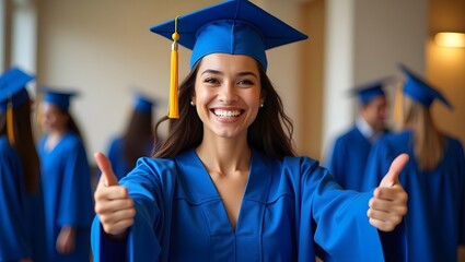 Joyful Female Graduate Giving Thumbs Up at Graduation Ceremony