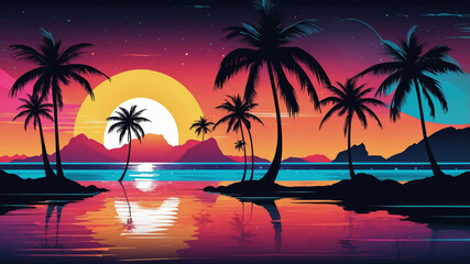 Obraz premium Palm trees and a fiery sunset reflect in calm waters on a tropical island.