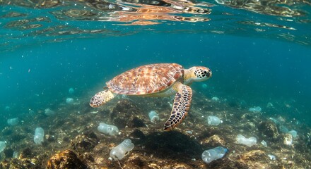 Obraz premium Green Sea Turtle Swimming in a Polluted Ocean, Underwater Photography