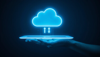 A glowing cloud icon with upload and download arrows hovering above a digital tablet held in a hand, symbolizing cloud computing, data storage, and technology innovation.
