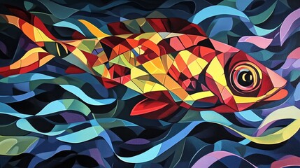 Colorful fish illustration with geometric shapes swimming in abstract water.