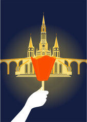 Vector Illustration of Torch in Front of Cathedral &ndash; Modern Religious Landmark Concept