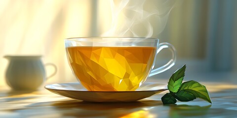 Warm beverage steaming in a glass cup.