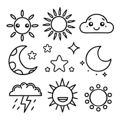Sun, Moon, and Cloud Doodle Icons with Sparkling Details