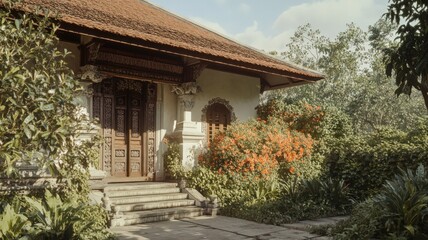 Fototapeta premium Traditional Balinese House Facade with Intricate Carvings and Lush Tropical Landscaping