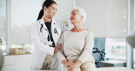 Smile, doctor and consulting with old woman in office for patient trust, insurance and feedback. Healthcare results, support and medical help with people in clinic for advice and elderly care