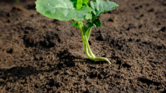 Revealing close up shot of broccoli growing in sand rich soil just after transplanting seedling into vegetable garden