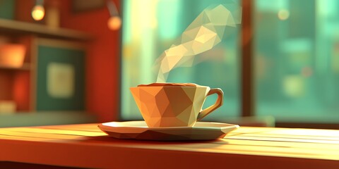 Polygonal coffee cup steaming on a table