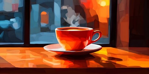 Vibrant coffee cup by the window at sunset.