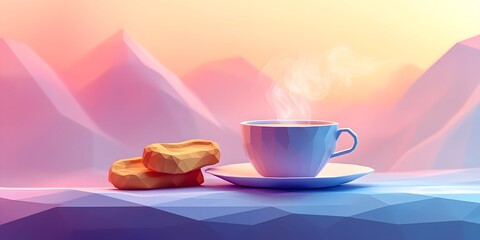 Pastel landscape scene with a cup of steaming beverage