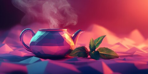 Colorful polygonal tea pot with steam.