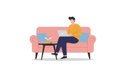 Young man working on laptop while sitting on pink sofa at home, remote work, work from home
