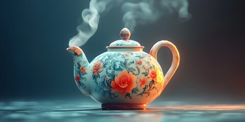 Ornate porcelain teapot steaming in soft light
