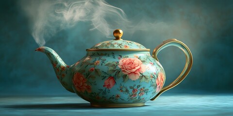 Ornate teal teapot with floral design and steam.