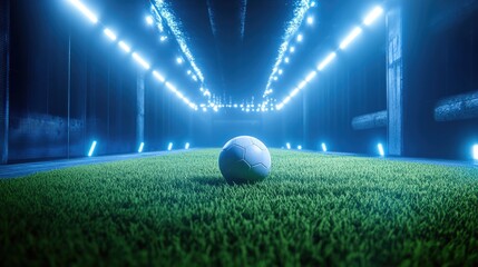 A  modern, illuminated sports training facility with a soccer ball.