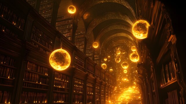 Multi-level library with floating books glowing orbs and ancient tomes lit by candles and enchanted chandeliers creating an enchanting fantasy atmosphere