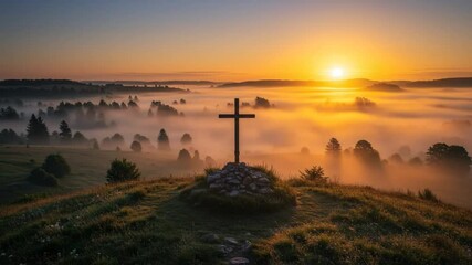 Christian cross on grassy landscape with warm sunlight and light fog. Pentecost Celebration